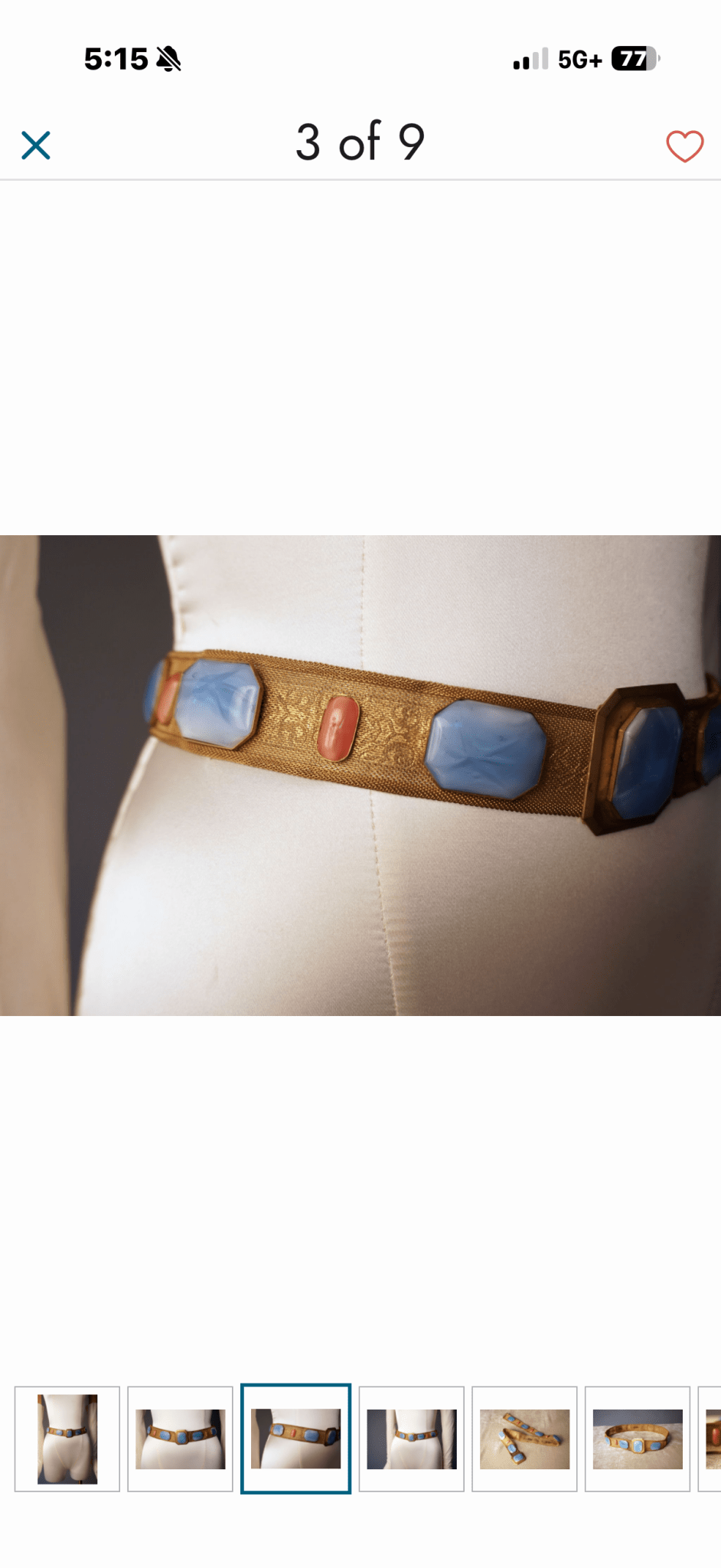 Antique Edwardian to Art Deco Gilt Mesh Belt with Blue & Pink Glass Cabochons