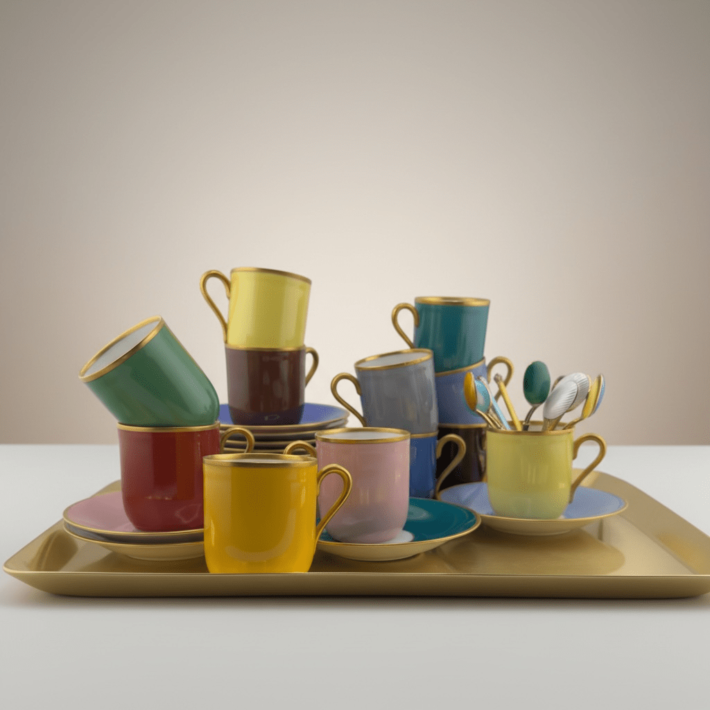 Vintage Danish Porcelain Demitasse Colorful Cups & Saucers and Spoons Set