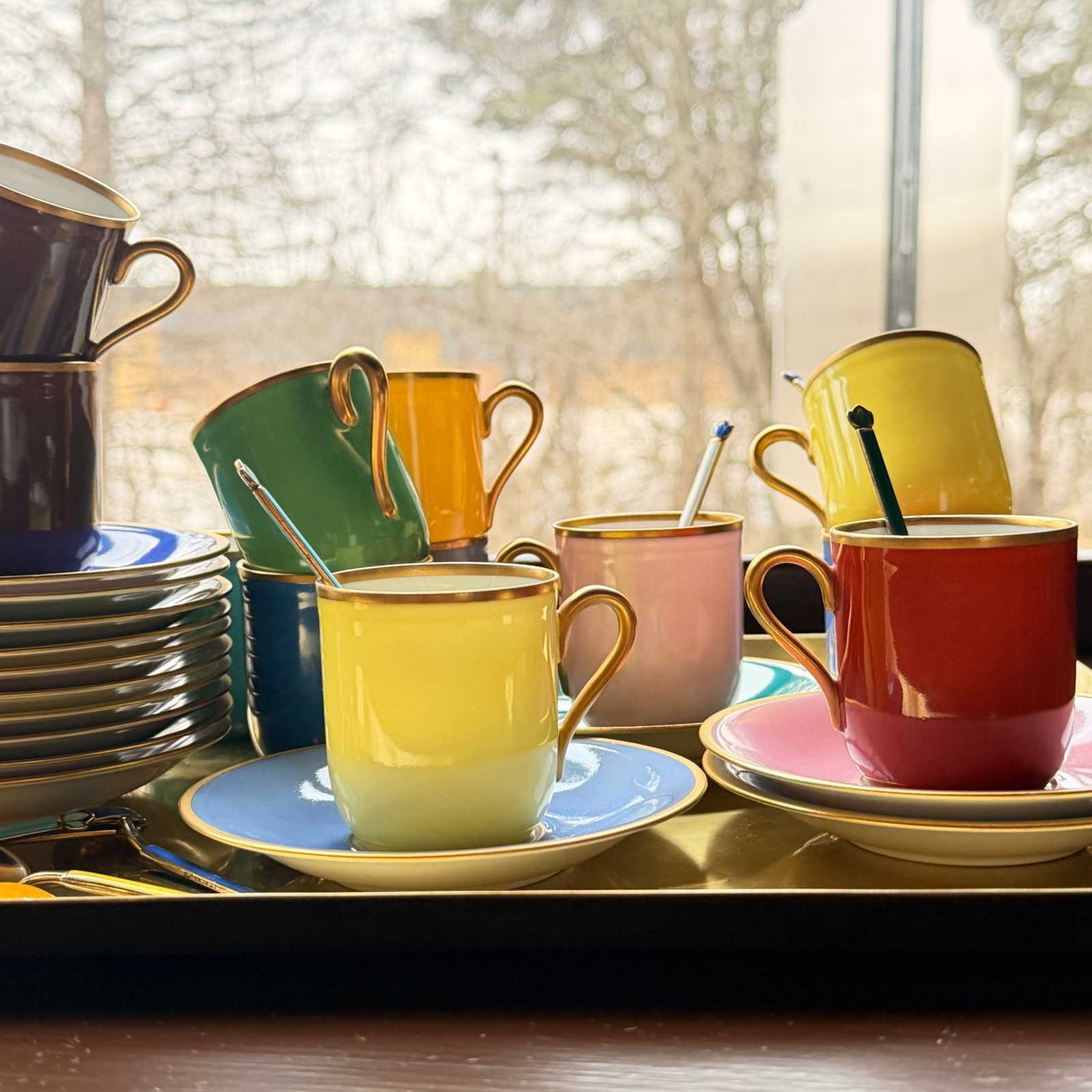 Vintage Danish Porcelain Demitasse Colorful Cups & Saucers and Spoons Set