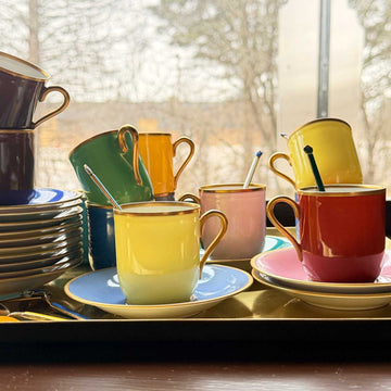 Vintage Danish Porcelain Demitasse Colorful Cups & Saucers and Spoons Set