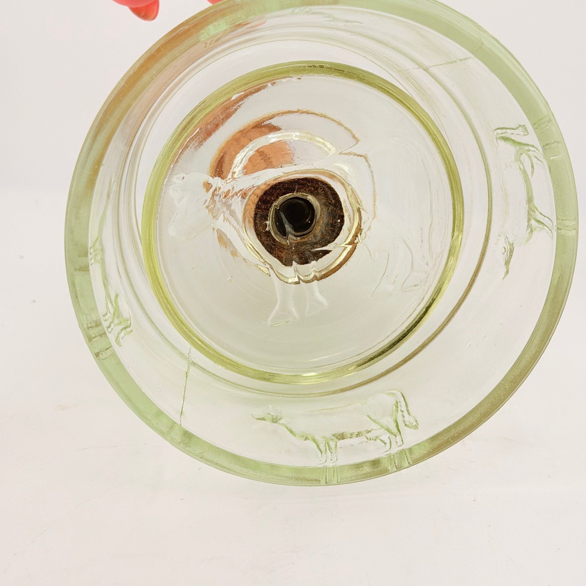 Vintage Glass Butter Churn with Cow Motif & Wooden Dasher