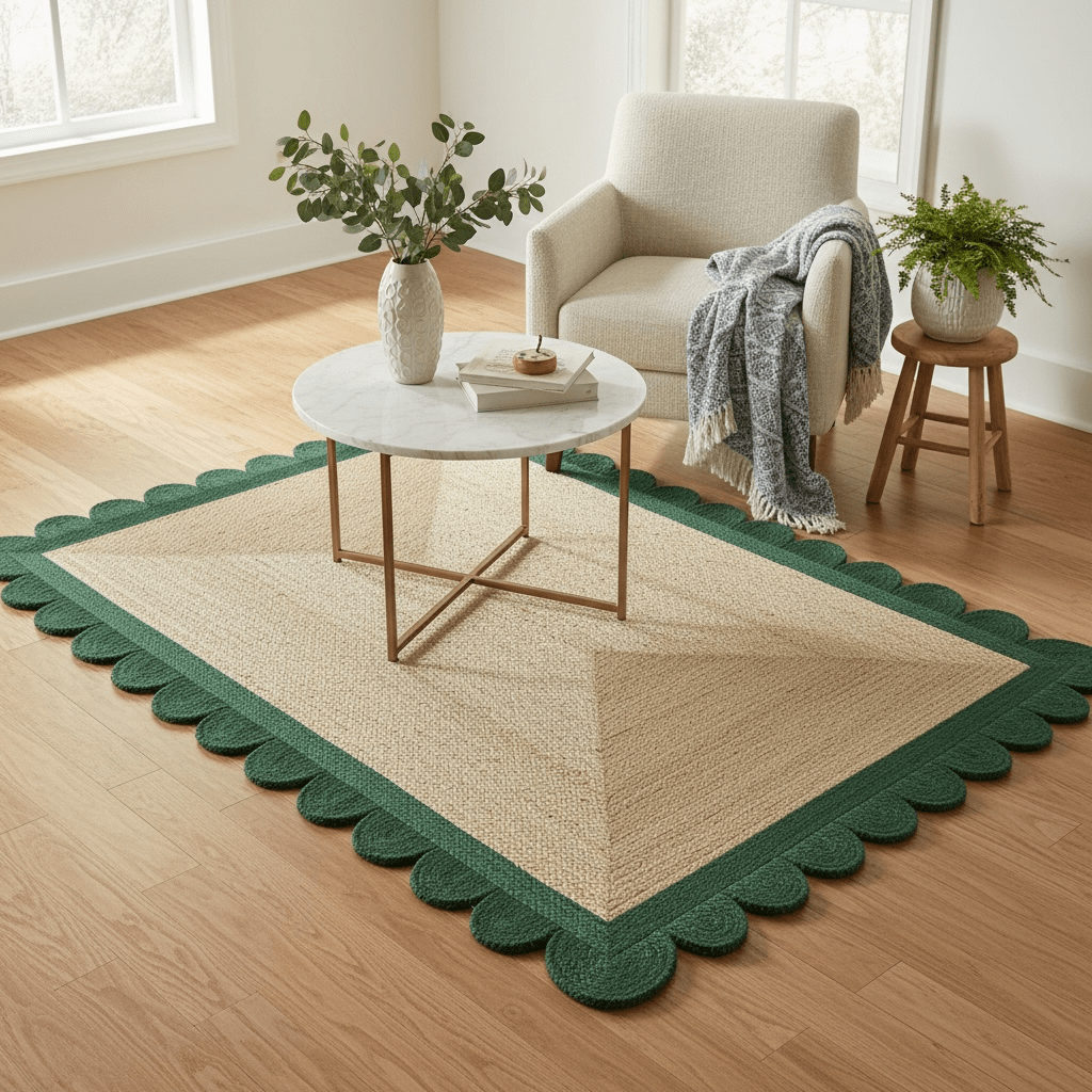 Scalloped Green Border Braided Jute Rug ¨C 5¡¯ x 8¡¯