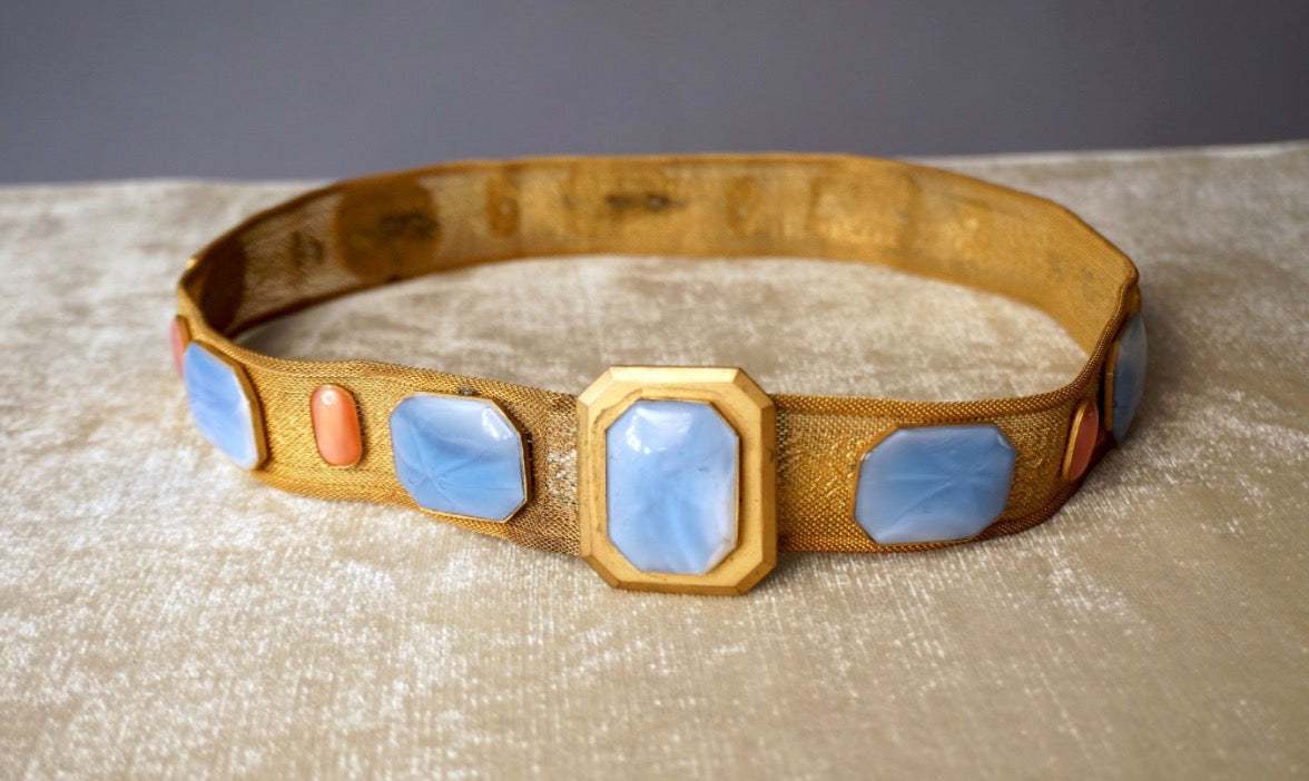 Antique Edwardian to Art Deco Gilt Mesh Belt with Blue & Pink Glass Cabochons