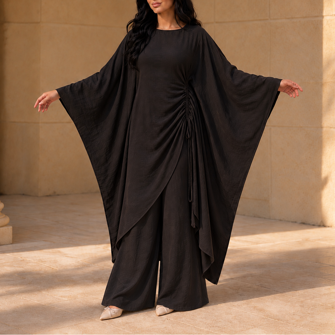 Elara – Adjustable-Waist Batwing Kaftan Trouser Set