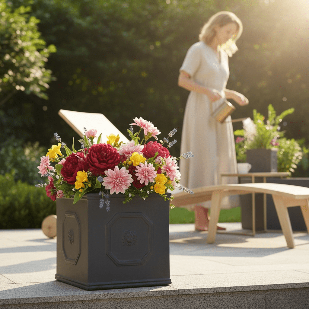 Lion Head Square Planter ¨C Antique Gray