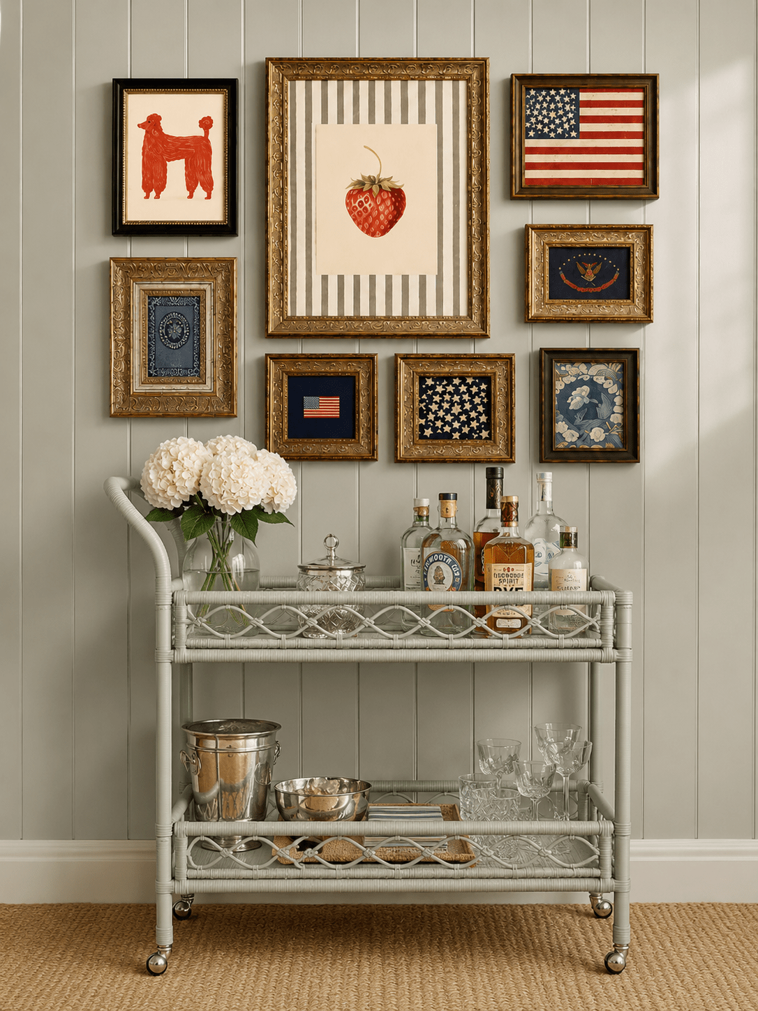 Vintage Sage Green Rattan Bar Cart
