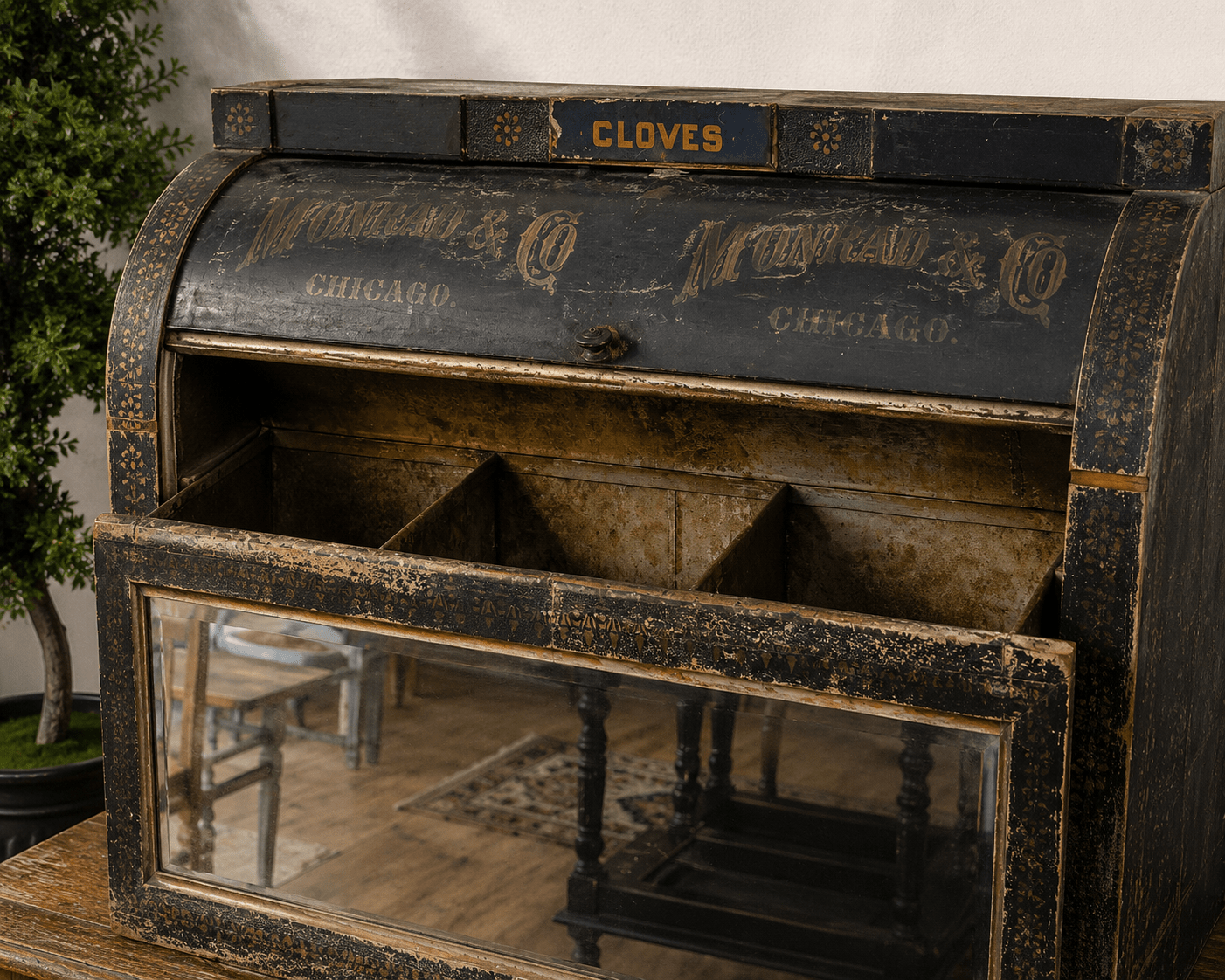 Antique Monrad & Co. Chicago Cloves General Store Display Cabinet