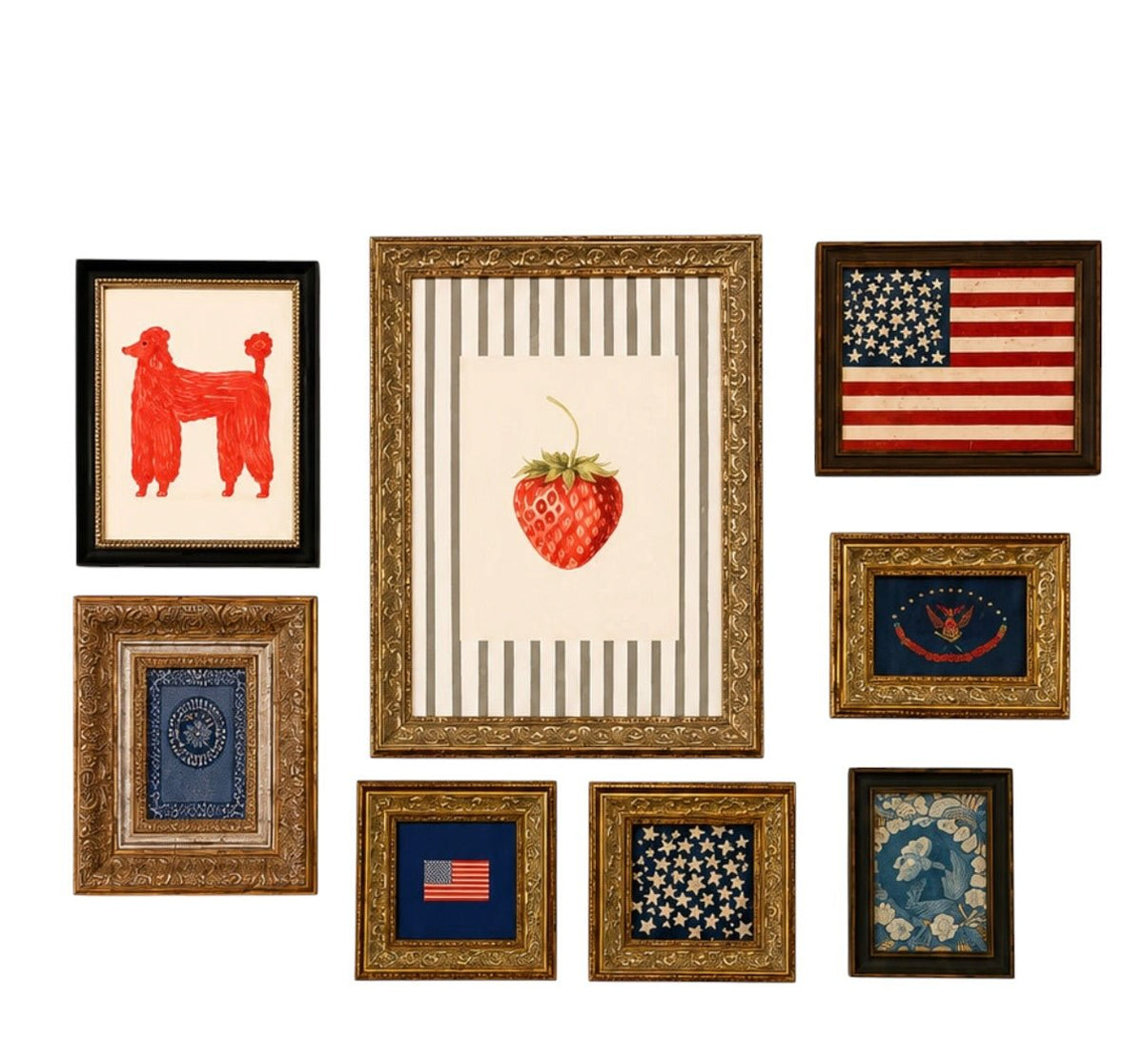 Strawberries on Stripes Framed Antique Art: 12x16