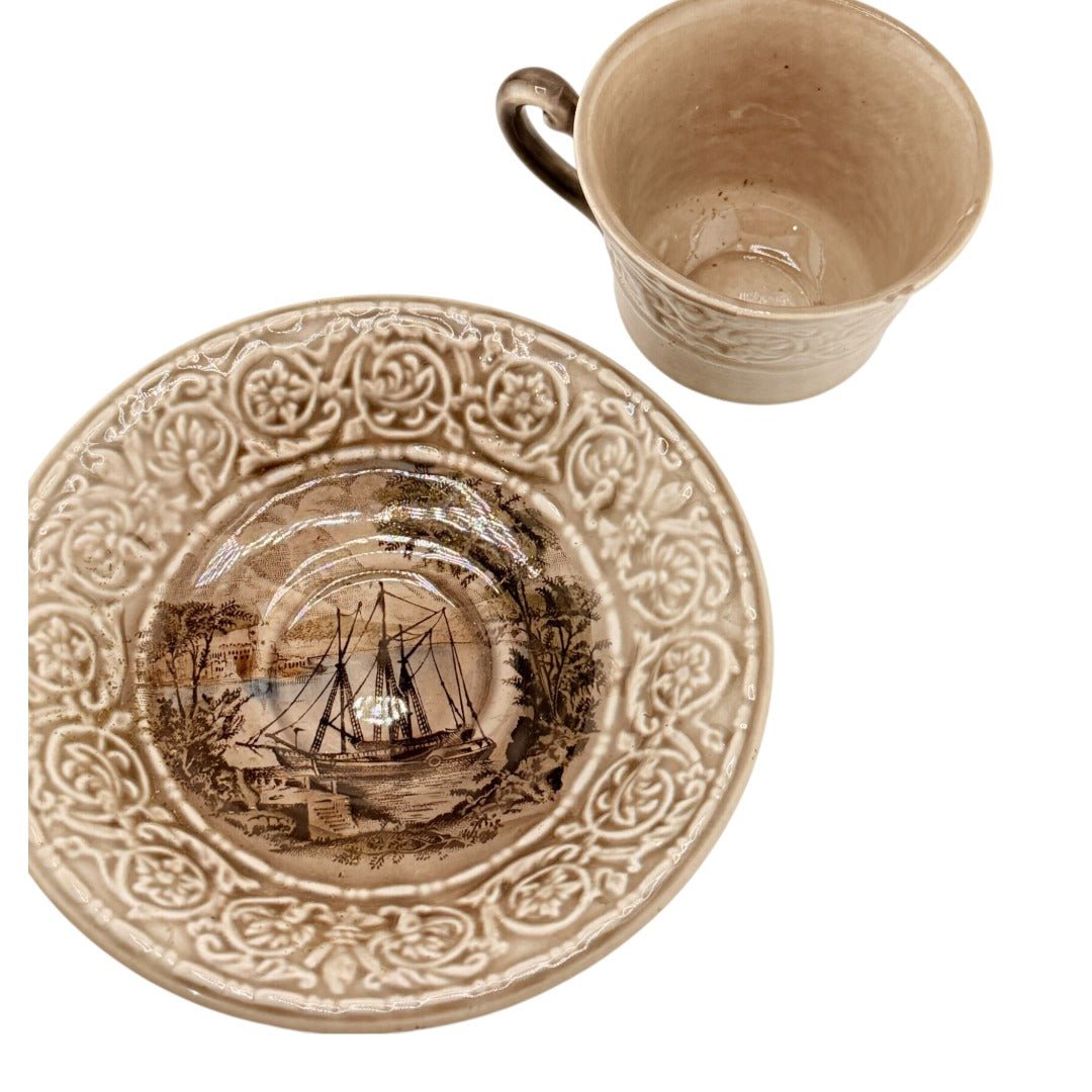 Antique Transferware Cup & Saucer with Sailing Ship Scene