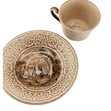 Antique Transferware Cup & Saucer with Sailing Ship Scene