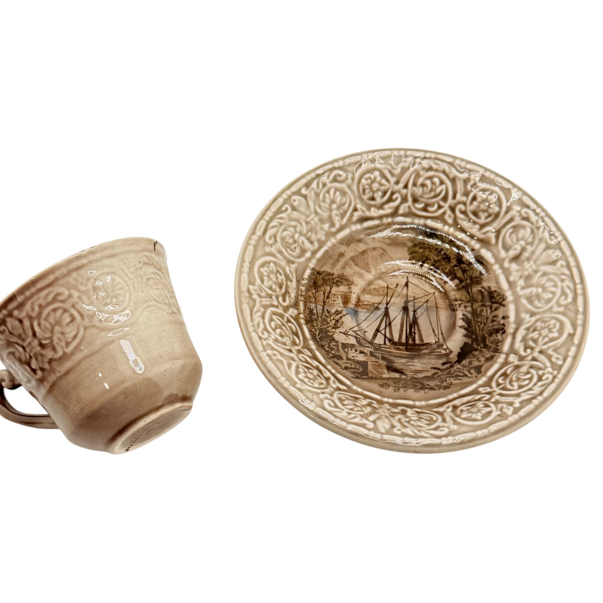 Antique Transferware Cup & Saucer with Sailing Ship Scene