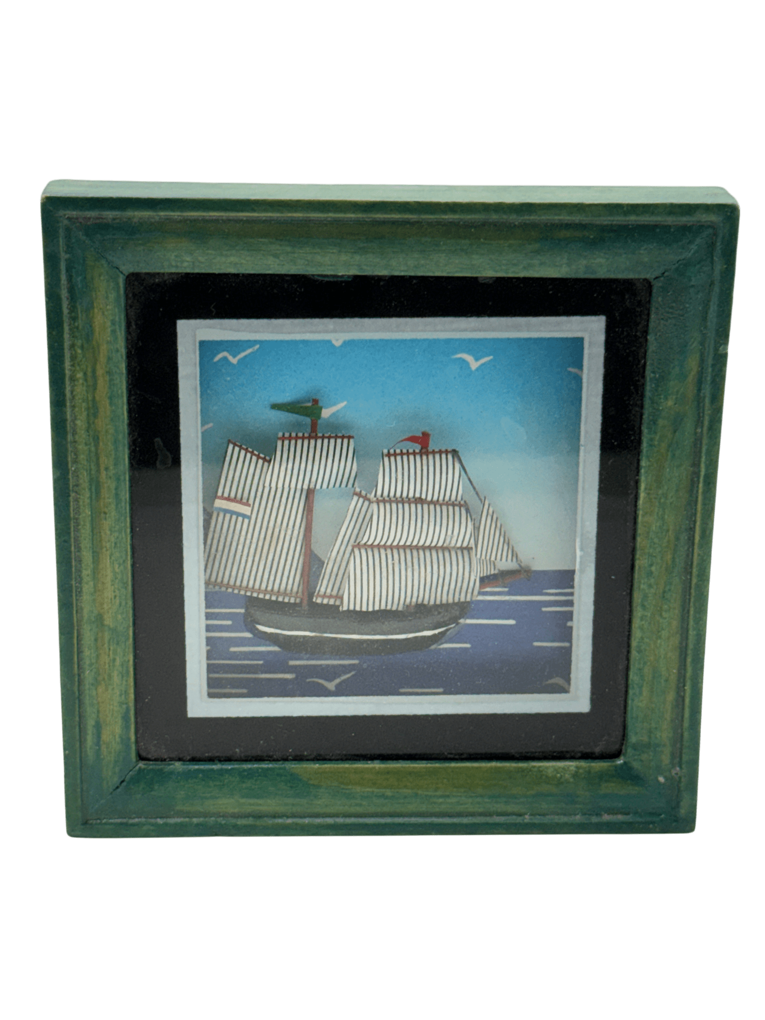 Vintage Folk Sailing Ship Diorama Shadowbox