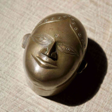 Antique Indian Brass Lady Face Box with Original Red Pigment ¨C Kumkum/Sindoor Storage