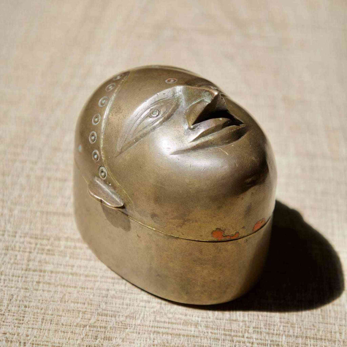 Antique Indian Brass Lady Face Box with Original Red Pigment ¨C Kumkum/Sindoor Storage