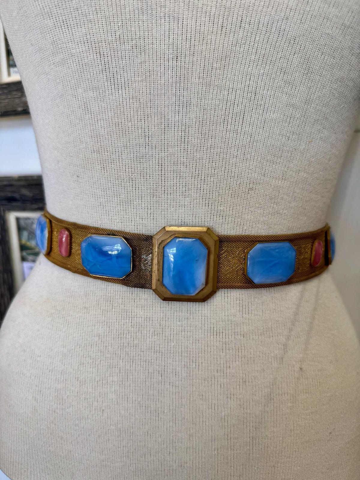 Antique Edwardian to Art Deco Gilt Mesh Belt with Blue & Pink Glass Cabochons