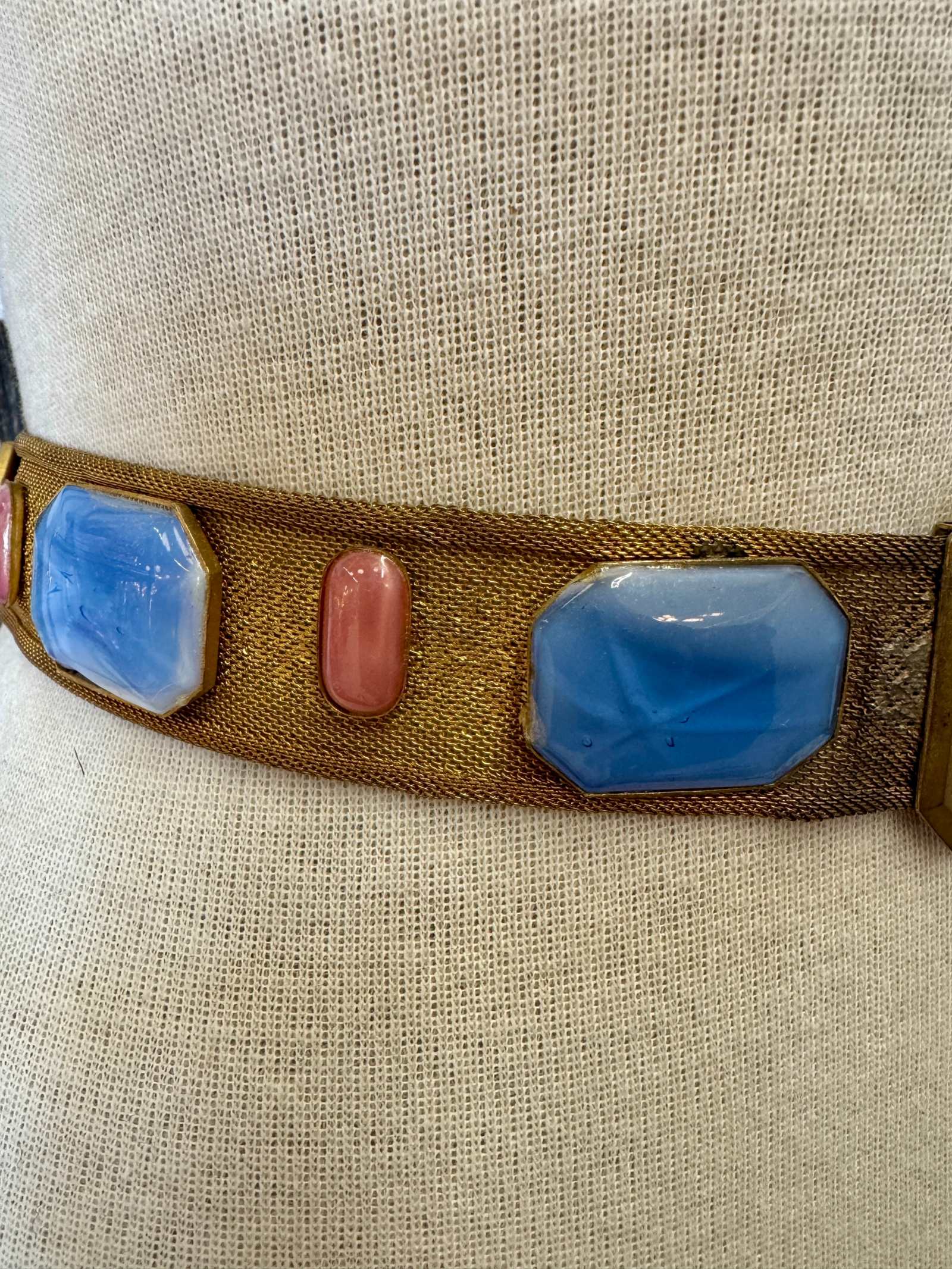 Antique Edwardian to Art Deco Gilt Mesh Belt with Blue & Pink Glass Cabochons