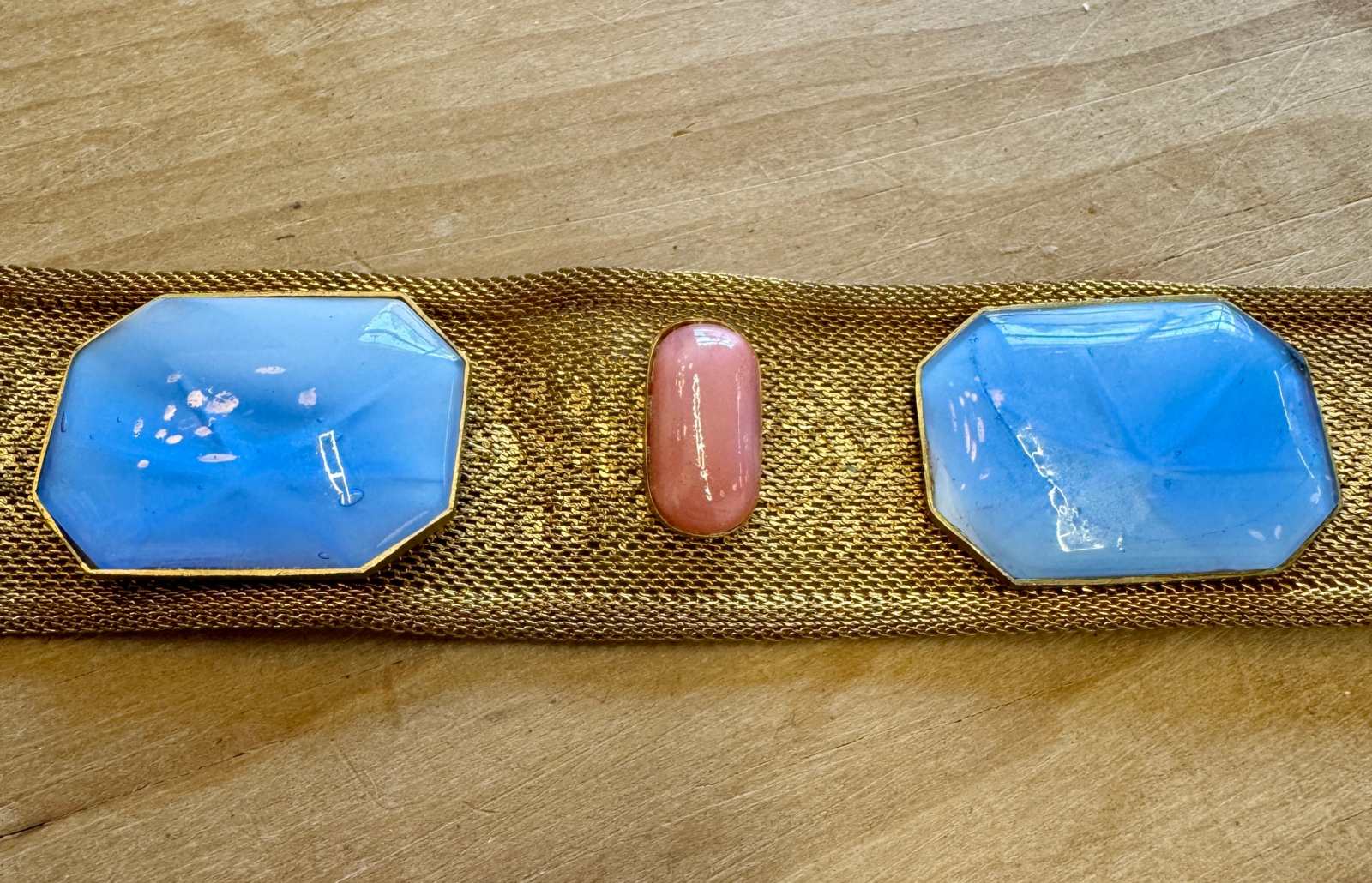 Antique Edwardian to Art Deco Gilt Mesh Belt with Blue & Pink Glass Cabochons