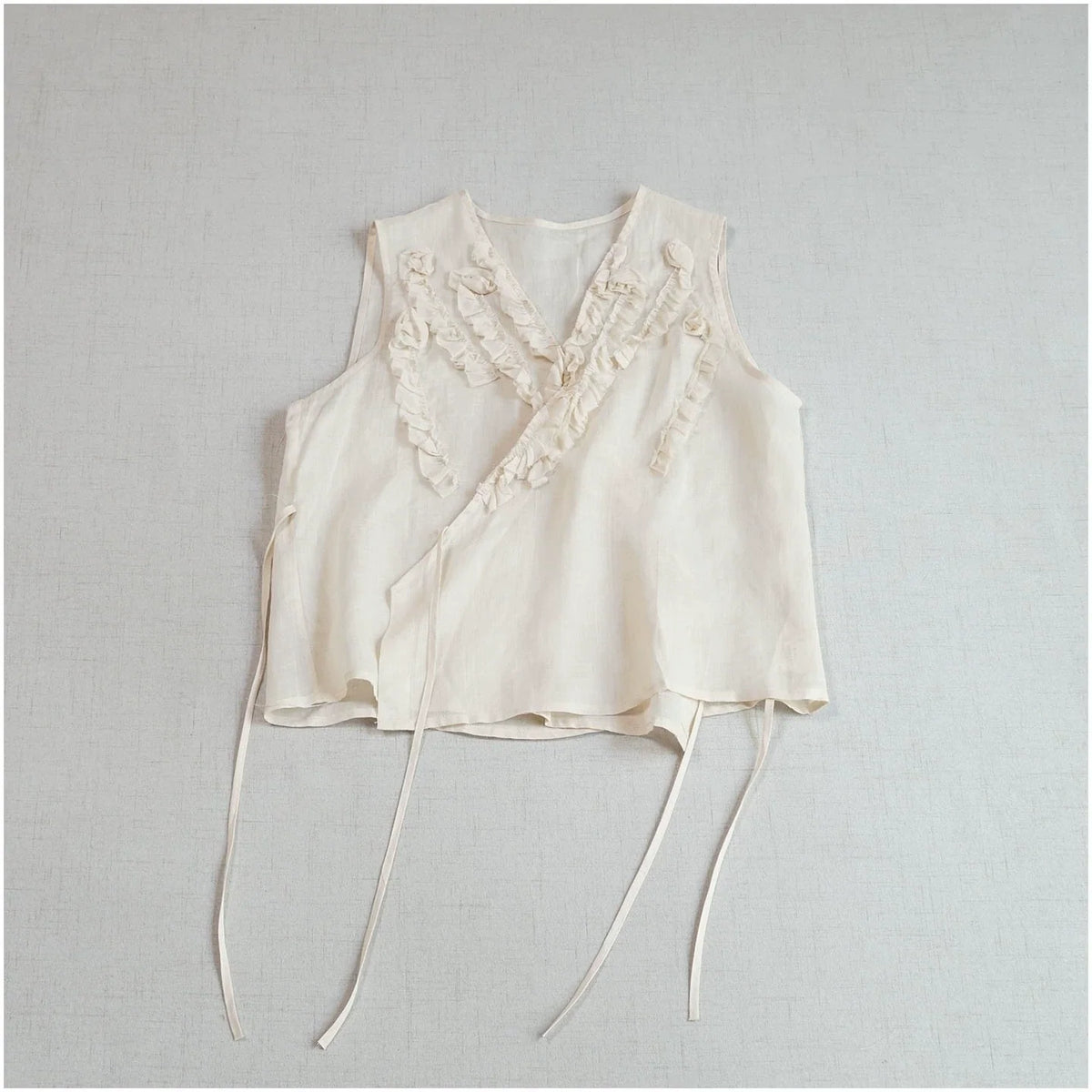 Women Summer Ramie V-Neck Ruffled Lace-Up Sleeveless Top