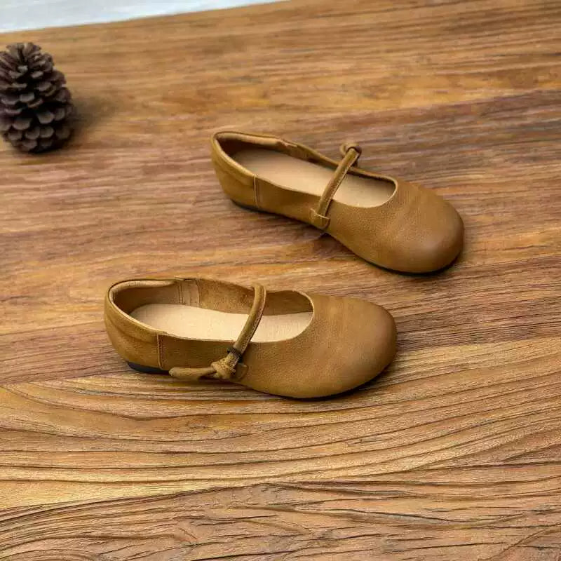 Women Retro Leather Round Toe Shallow One Straped Shoes