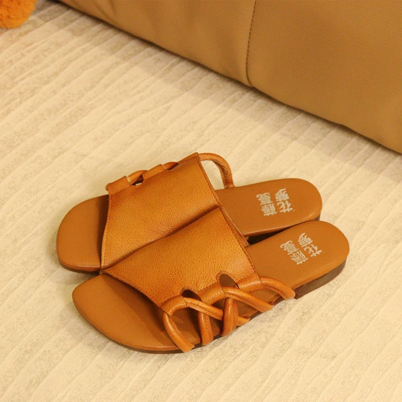 Women Retro Leather Open Toe Casual Cut Out Chunky Slippers