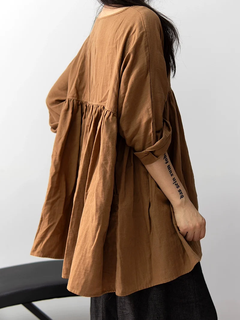 Retro Cotton Casual Versatile Loose V-Neck Long Sleeves Shirt
