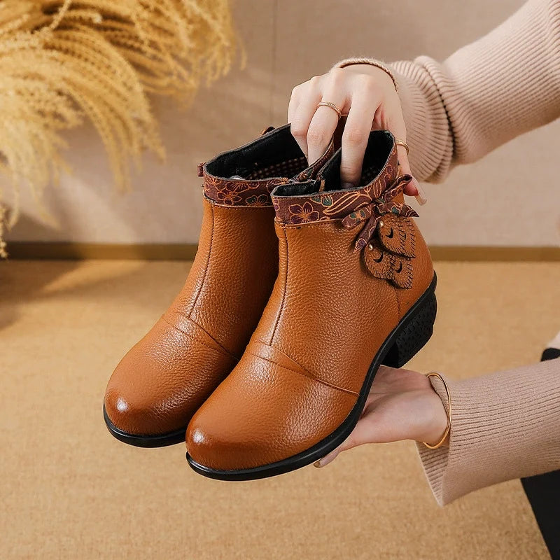 Retro Leather Patchwork Chunky Versatile Zipper Ankle Boots