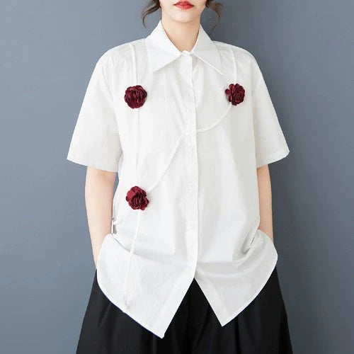 Women Spring Retro Cotton Rose Patchwork Casual Loose Blouse