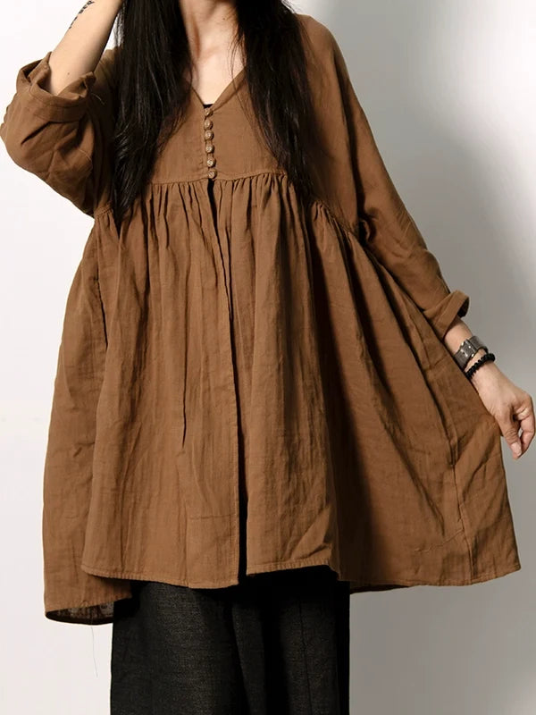 Retro Cotton Casual Versatile Loose V-Neck Long Sleeves Shirt