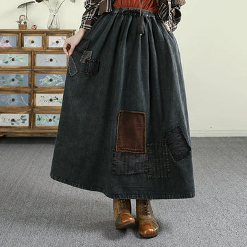 Women Spring Washed Vintage Patchwork Denim A-Line Skirt