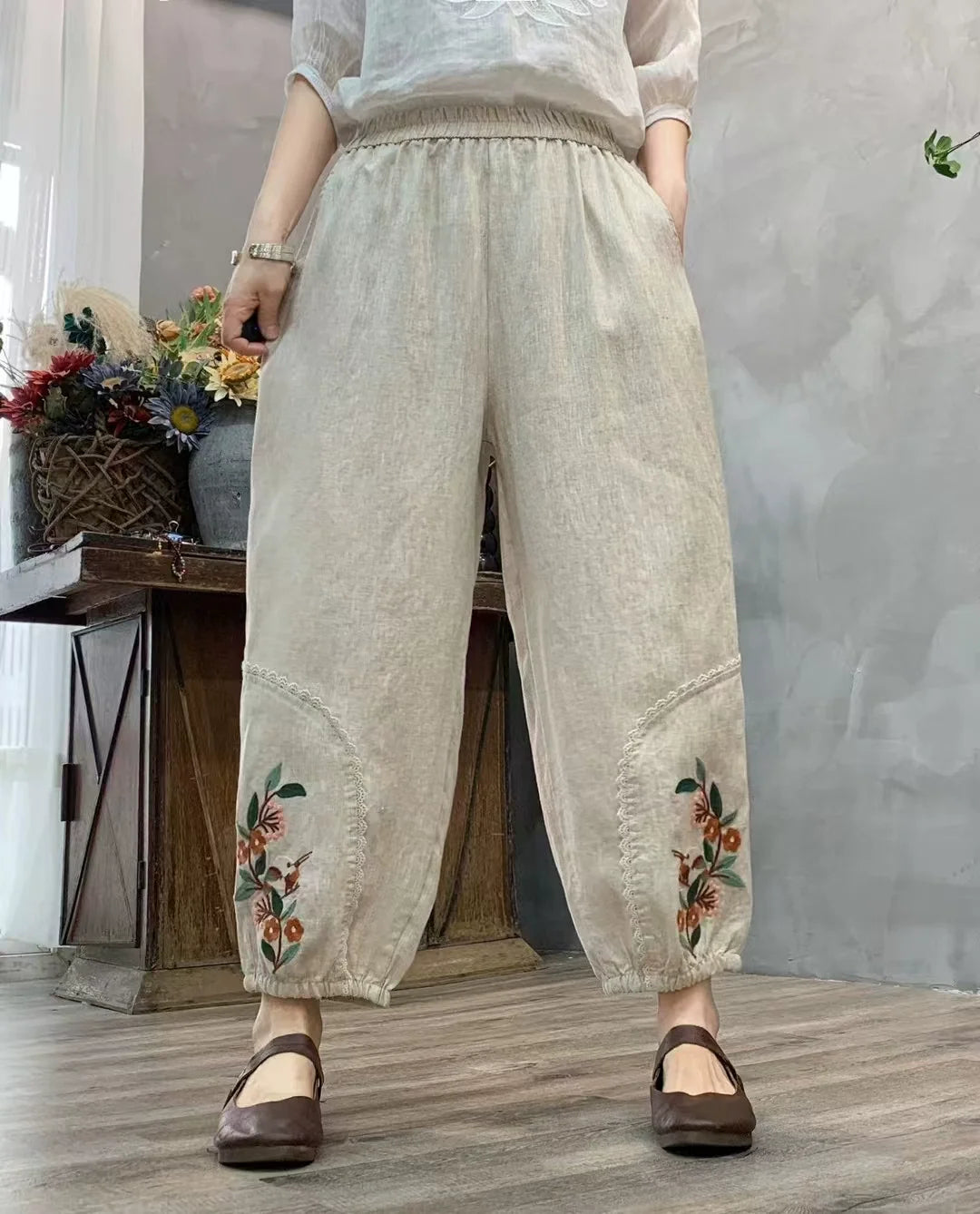 Autumn Linen Embroidered Patchwork Loose Casual Harem Pants