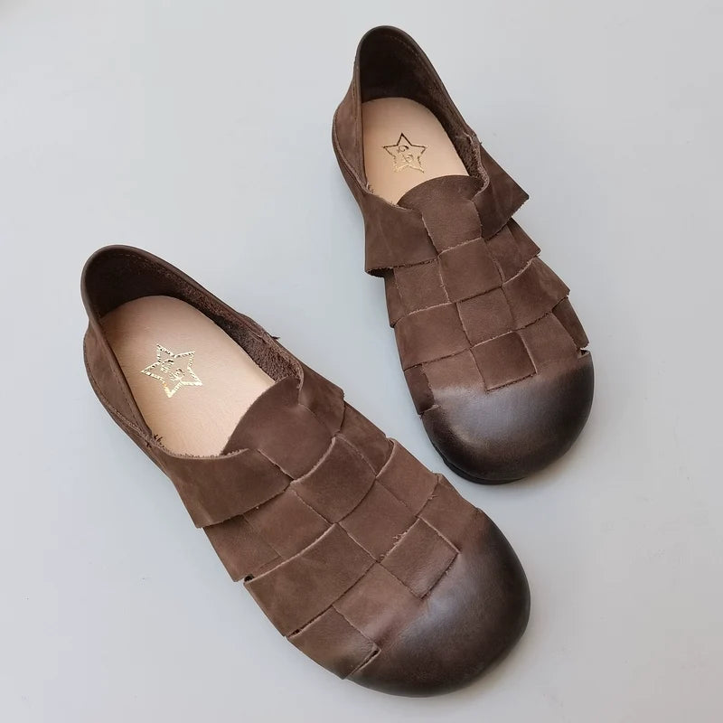 Women Top Leather Round Toe Woven Soft Sole Flats Shoes