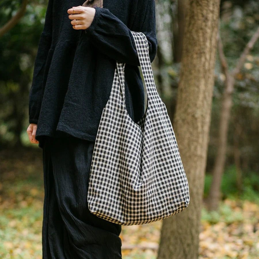 Babakud Handmade Cotton-Linen Plaid Artistic Vintage Tote Bag