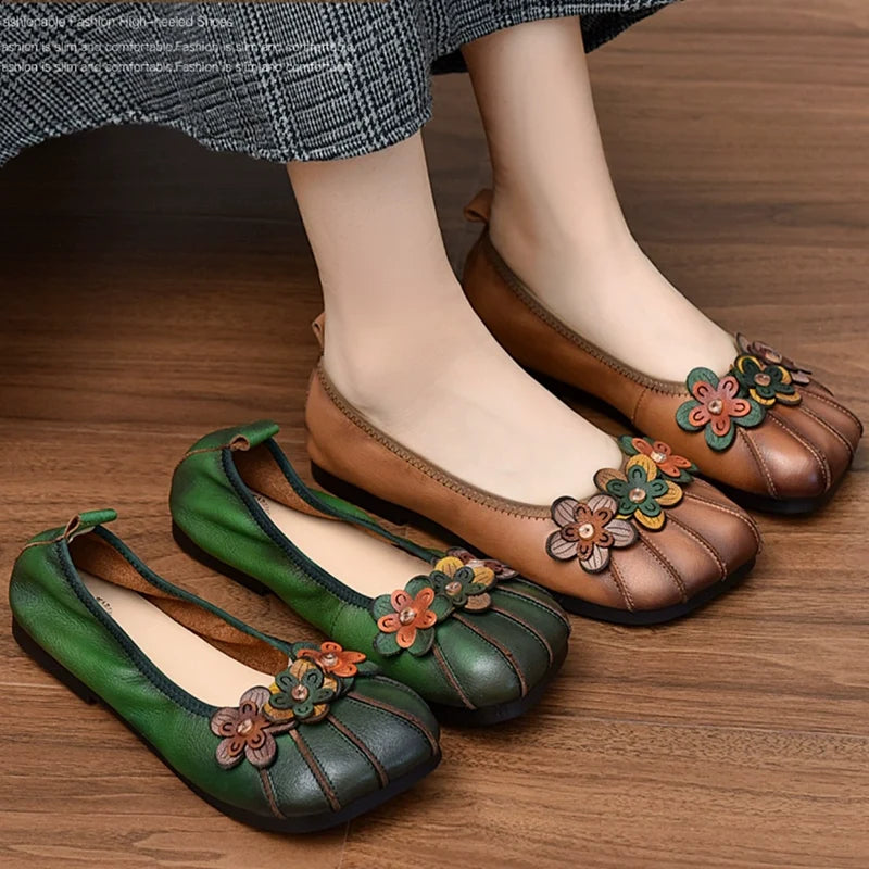 Babakud Women Spring Retro Blossom Handmade Leather Casual Shoes