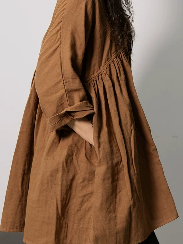Retro Cotton Casual Versatile Loose V-Neck Long Sleeves Shirt