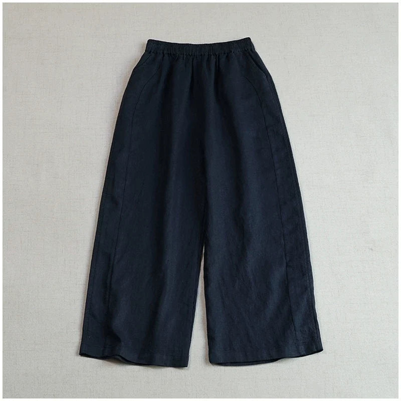 Women Summer Retro Linen Solid Color Loose Cropped Pants