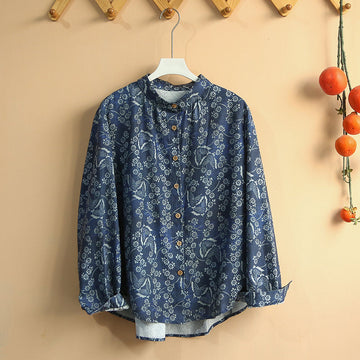 Women Retro Floral Long-Sleeved Casual Cotton Shirt