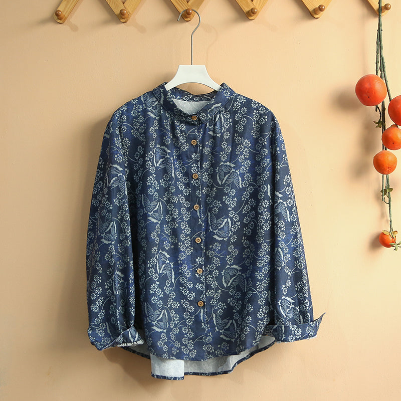 Women Retro Floral Long-Sleeved Casual Cotton Shirt