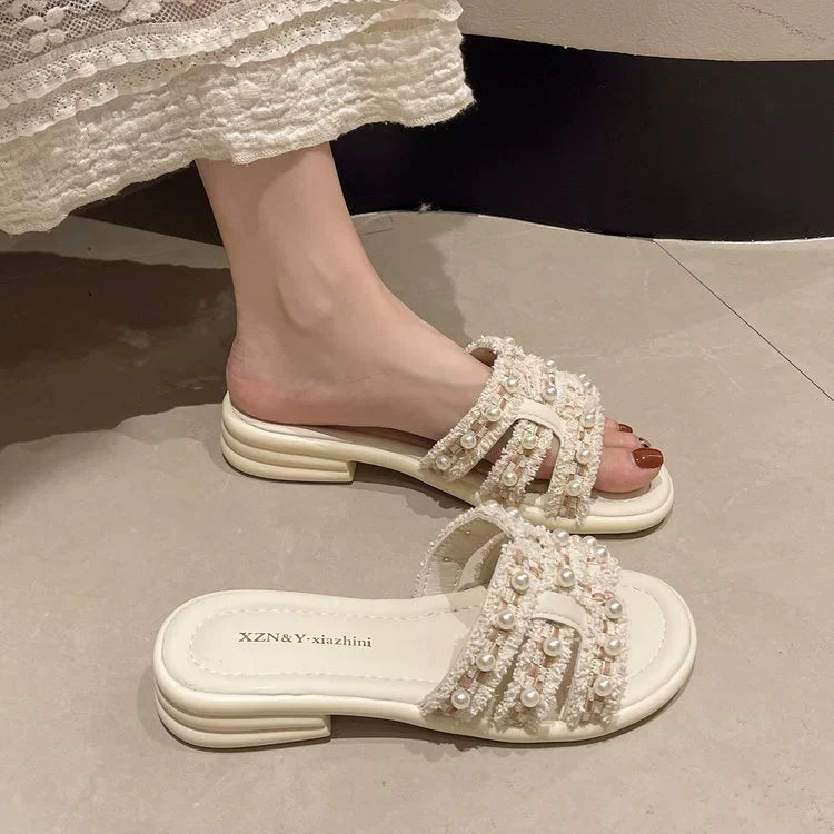 Women Summer Elegant PU Pearl Soft Sole Open Toe Shoes
