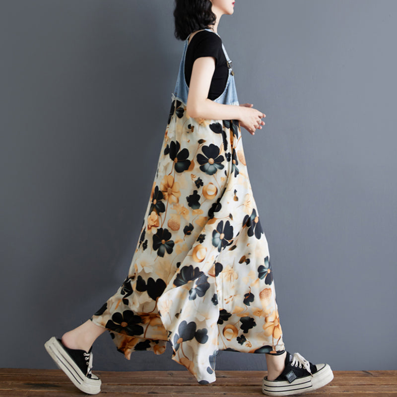 Women隆炉s Floral Spaghetti Strap Denim Patchwork Maxi Dress