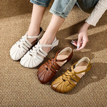 Babakud Women Retro Leather Hollow Soft Flat Sole Velcro Sandals