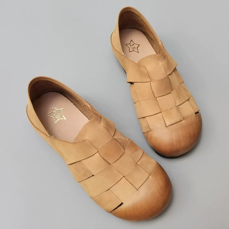 Women Top Leather Round Toe Woven Soft Sole Flats Shoes