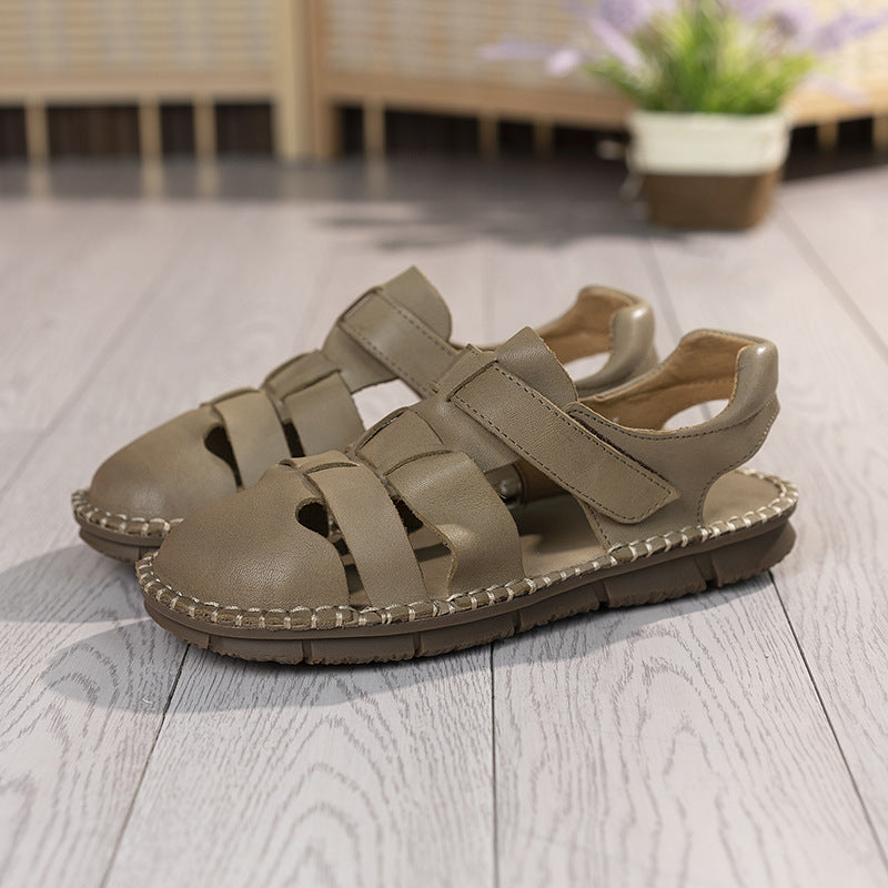 Women Retro Leather Soft Flat Sole Cut Out Velcro Shoes
