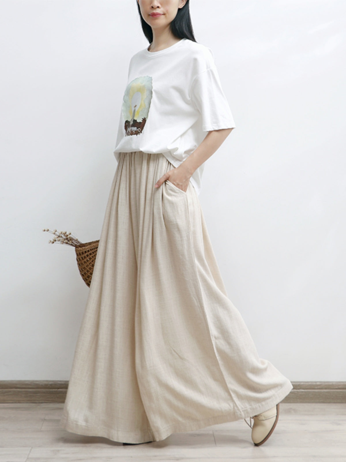 Women Linen Flowy High Elastic Waisted Wide-Leg Pants