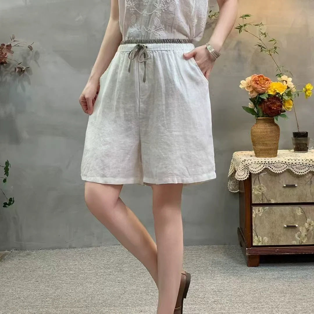 Babakud Summer Retro Linen Casual Elastic Waist Versatile Shorts