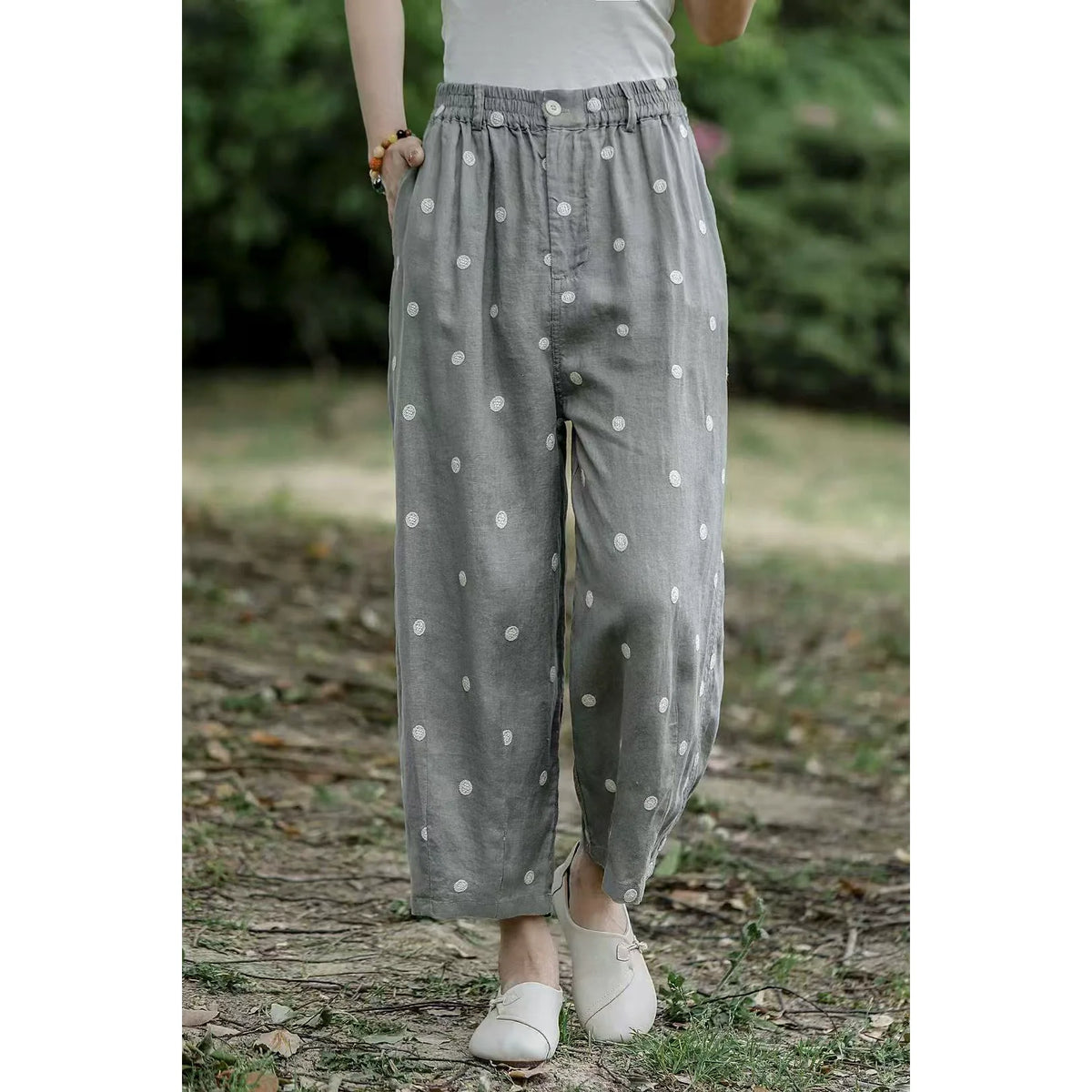 Women Spring Retro Linen Polka Dot Loose Versatile Harem Pants