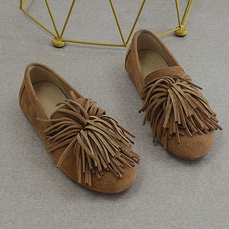 Genuine Leather Fringe Shallow Closed Toe Soft Sole Shoes