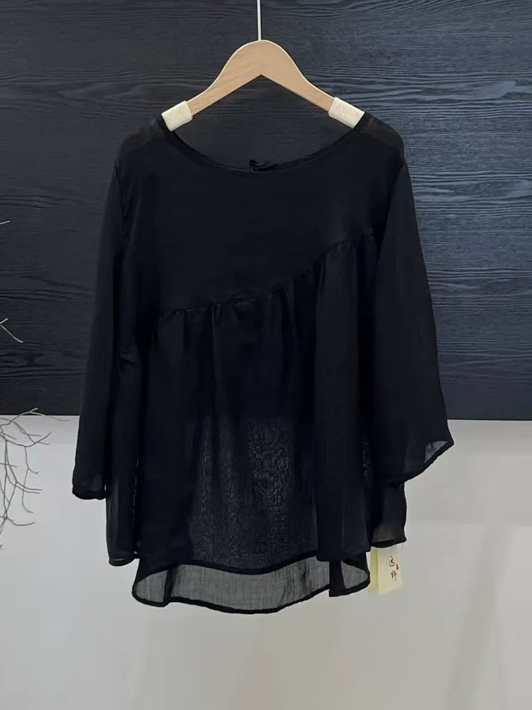 Women Summer Ramie Simple Breathable Round Neck Pullover Top