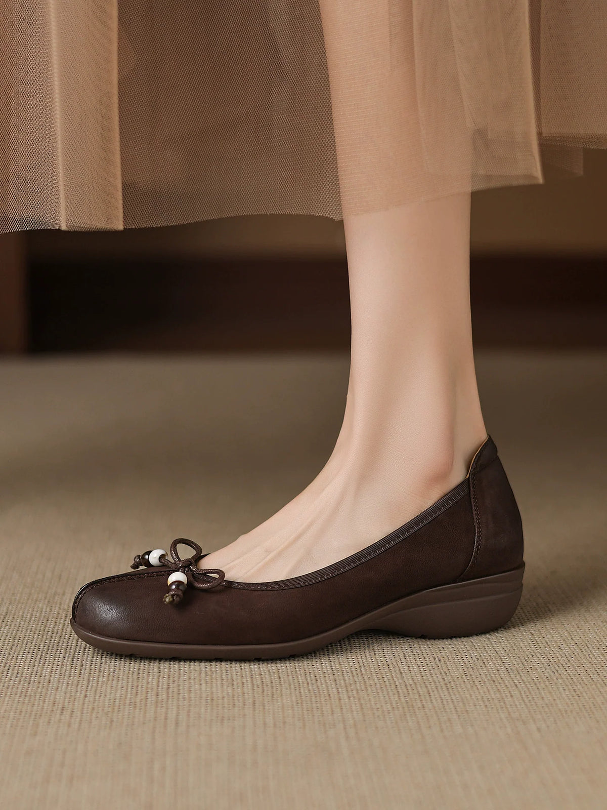 Elegant Sheepskin Leather Round Toe Shallow Bow Shoes