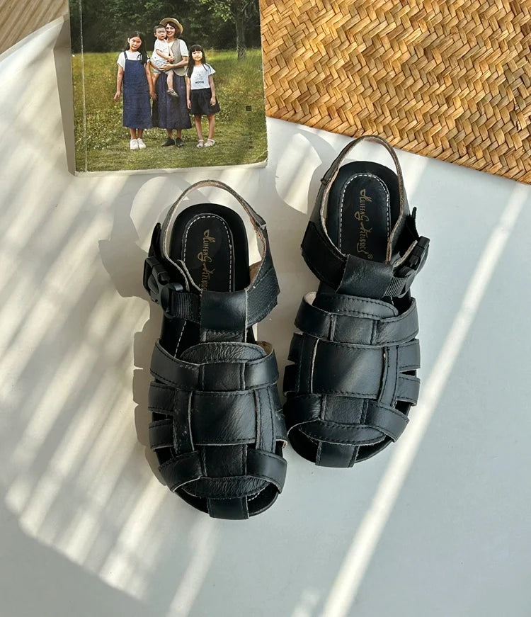 Summer Retro Leather Hollow Woven Closed Toe Shoes