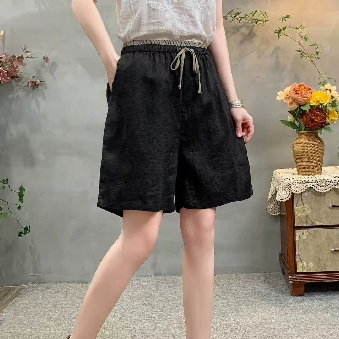 Babakud Summer Retro Linen Casual Elastic Waist Versatile Shorts